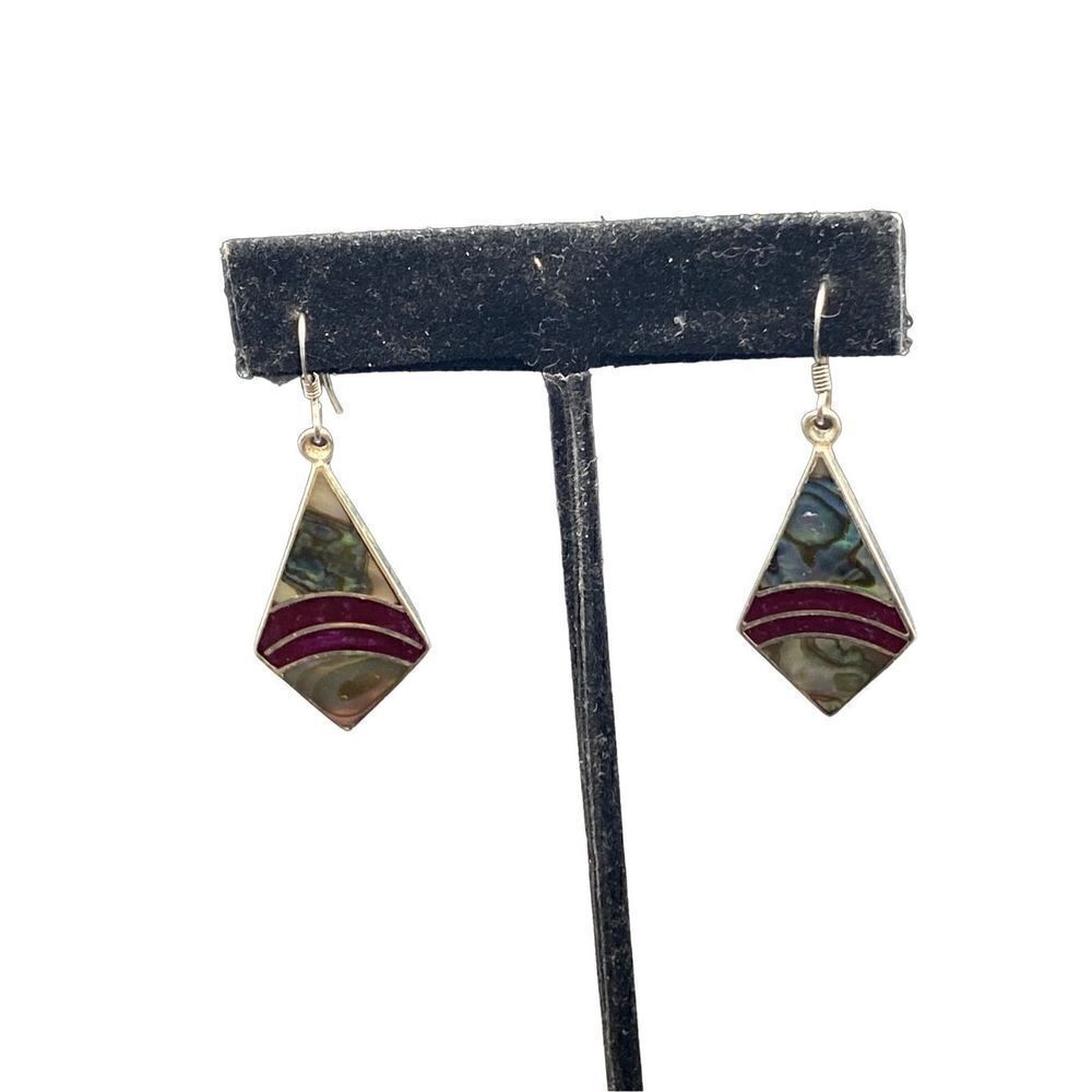 PACA Alpaca Red Jasper Mother Of Pearl and Sterling Silver Vintage Earrings Sign